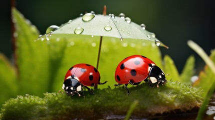 Fototapeta premium A ladybug on the grass or a leaf with dew drops on it. Three ladybugs with umbrellas walking on the grass