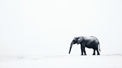 A lone elephant walks across a white landscape