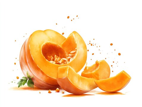 Calabaza en tacha clipart, traditional Mexican dessert, watercolor illustration, crisp edges, candied pumpkin, isolated on white background