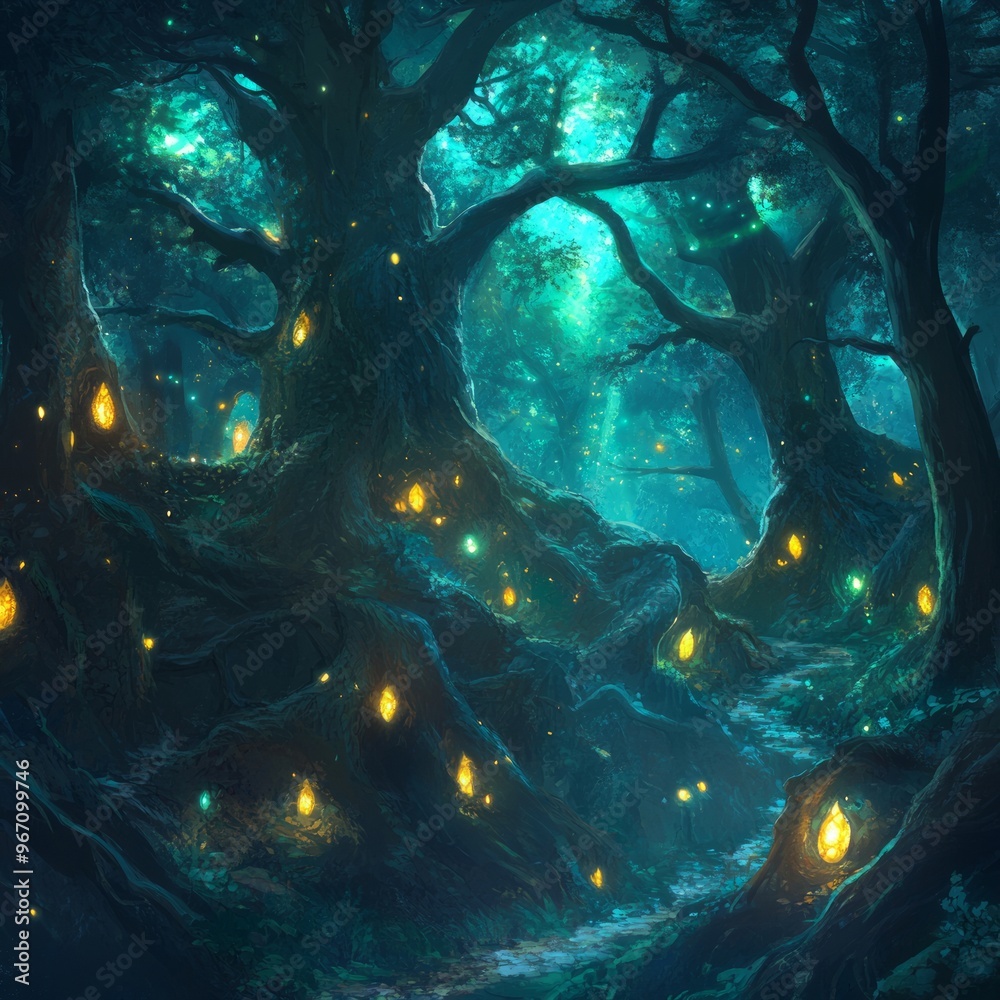 Canvas Prints A mystical forest with glowing lights emanating from the trees.