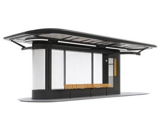 a bus stop with a roof