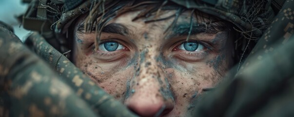 Soldier with cramping muscles, immediate anguish, field tent, anxious face, overcast sky, low angle, gritty realism, muted palette