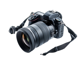 a black camera with a strap