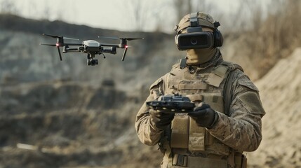 Soldiers, army operations personnel wearing military uniforms, glasses Controlling the drone used in the military