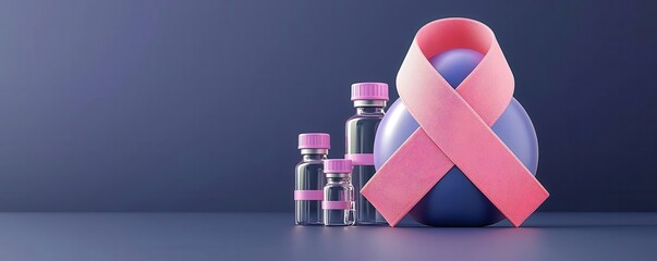 Breast cancer ribbon, chemotherapy vials in background, 3D illustration