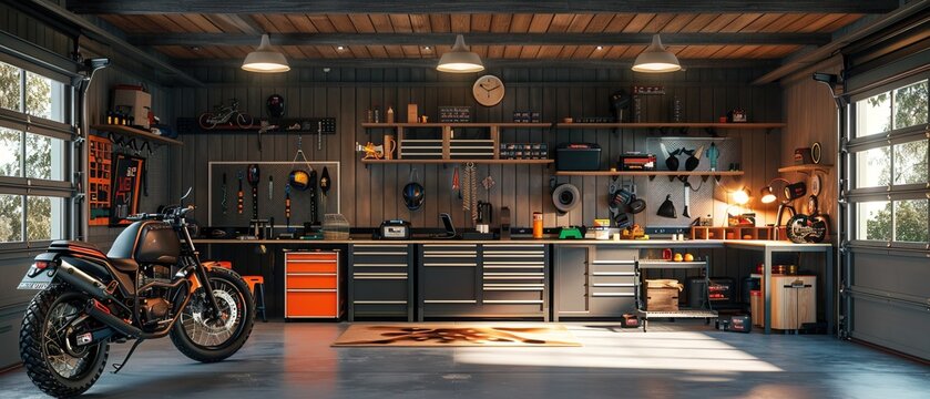 3D illustration of a fully equipped garage workshop with motorcycle