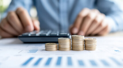 Accountant counting company profits using calculator and holding coins