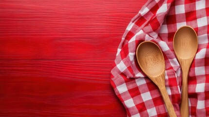 Two wooden spoons sitting on a red checkered tablecloth, AI