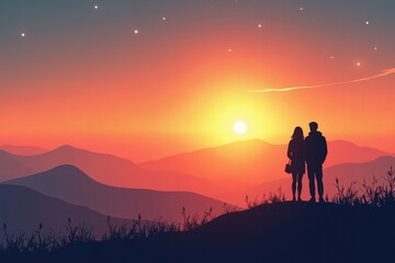 Fototapeta premium Romantic couple silhouette watching breathtaking sunset over mountains with starry sky