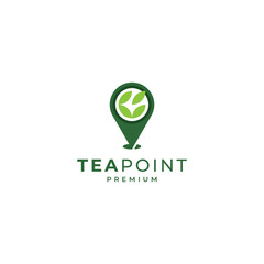tea leaves and location icon for tea center, herbal drink or tea shop logo