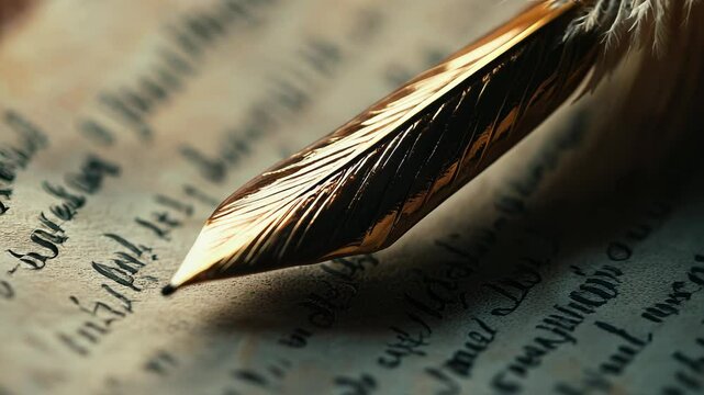 Antique quill pen rests on aged parchment with handwritten text. Golden feather shaft contrasts with dark background. Intricate nib catches soft light, emphasizing calligraphy tradition. 