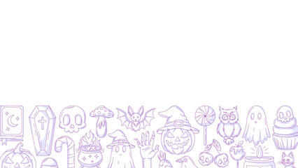 Halloween minimalist banner, horizontal background with spooky, scary icons. Flat vector illustration, monochrome purple bottom border frame, space for text. For festival, party, invitation, poster