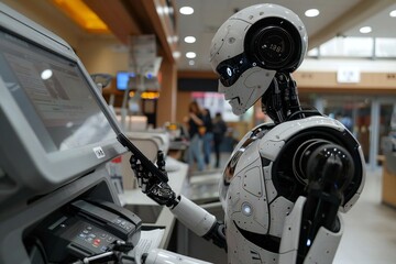 Fototapeta premium Humanoid Robot Using Mobile Phone. Check Capture, robot, mobile, ai, artificial, deposit, intelligence, code, document, tech, machine, scan, technology, future, pay, 4, 0, lady, industry