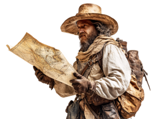 a man in a hat and a backpack reading a map