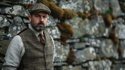 A man in traditional Irish attire with a tweed cap and vest, standing in front of a historic stone wall.