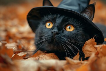 Black cat and witch's hat, spooky Halloween, eerie decorations, mystical elements, ancient symbolism, Halloween tradition, dark and mysterious, AI Generative