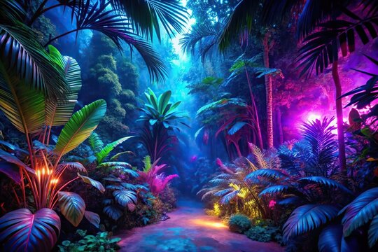 Worm's eye view of a jungle landscape glowing neon at night