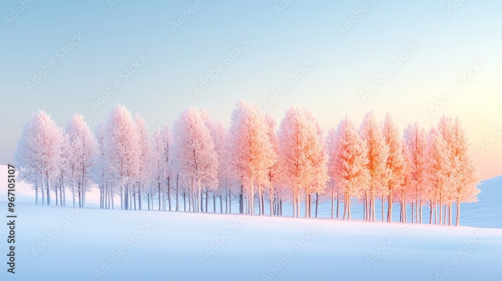 Wall mural beautiful winter landscape featuring pink-tinted trees, snow-covered ground, and a serene sky, creat