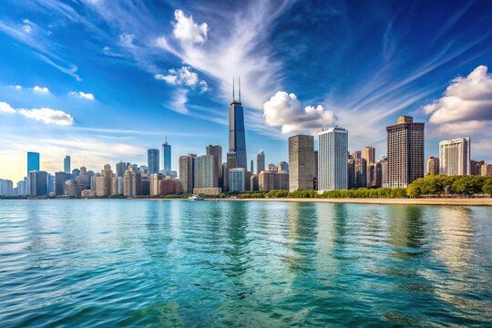 Worm's eye view of Chicago skyline and Lake Michigan panorama in Illinois, United States