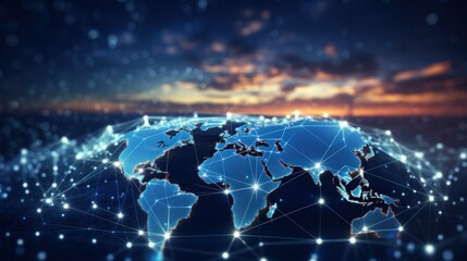 Fototapeta premium World map illustration. Conceptual visualization of global network connectivity in futuristic technology background.