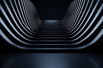 Futuristic staircase in a dark space, highlighted by blue lines, creating a surreal and modern atmosphere. Ideal for design projects.