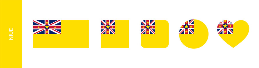 Niue flag icon set. Niuean flag in round and square set. Flag of Niue in heart and circle