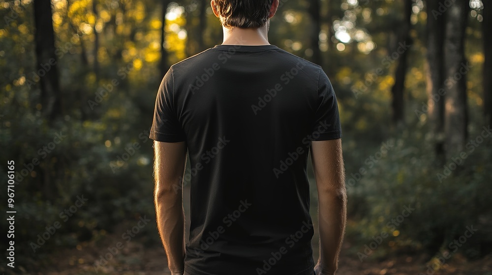 Wall mural A black T-shirt viewed from the back, set against a forest background. The image highlights the simplicity and design of the T-shirt while providing a contrast with the natural, green surroundings. 