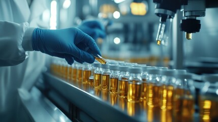 Gloved Hand Placing Vial on Conveyor Belt with Liquid Filling Machine