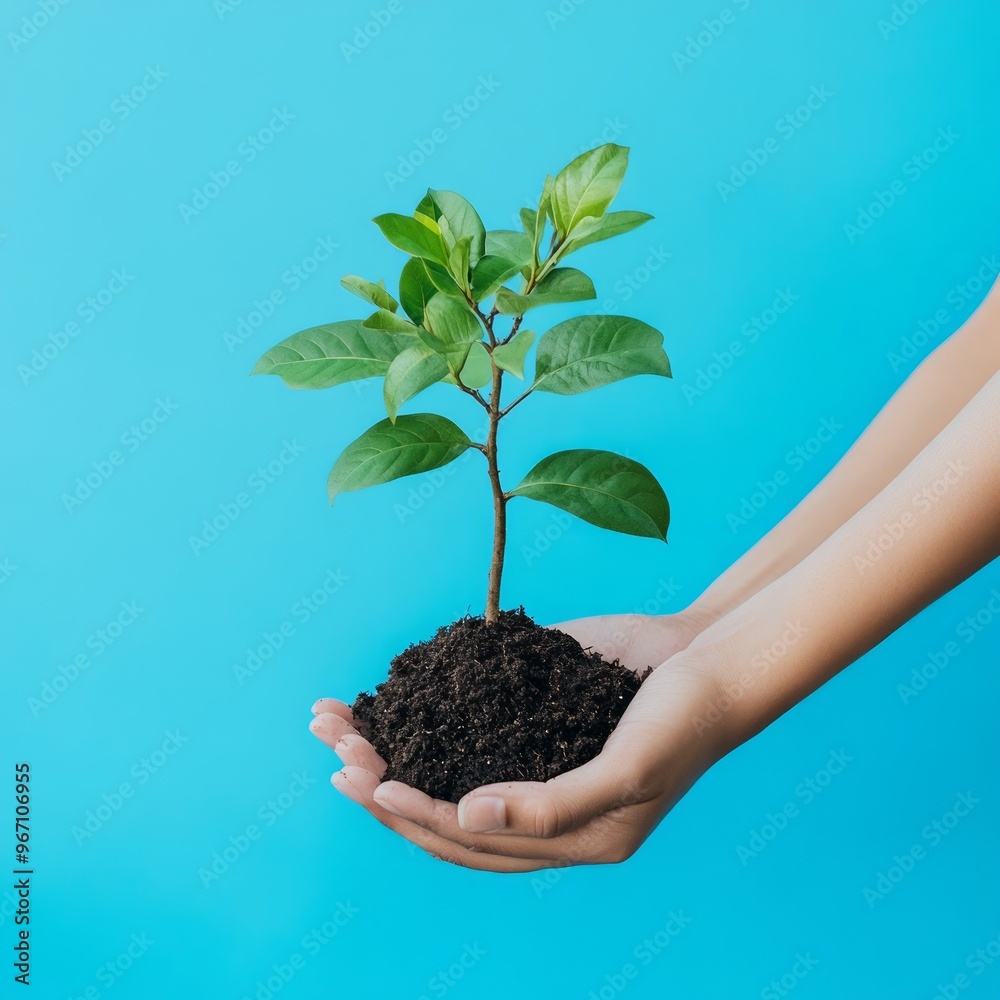 Poster A pair of hands hold a small sapling with dirt, symbolizing growth, care, and new beginnings.