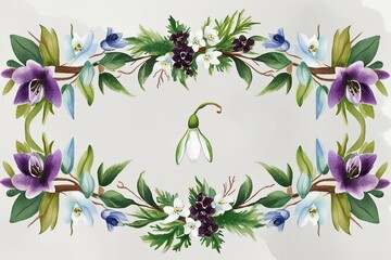 Charming Watercolor Winter Floral Border Illustration with Snowdrop and Hellebore