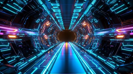 Fototapeta premium Monochromatic cyber grid with overlapping symmetrical elements and futuristic neon lights