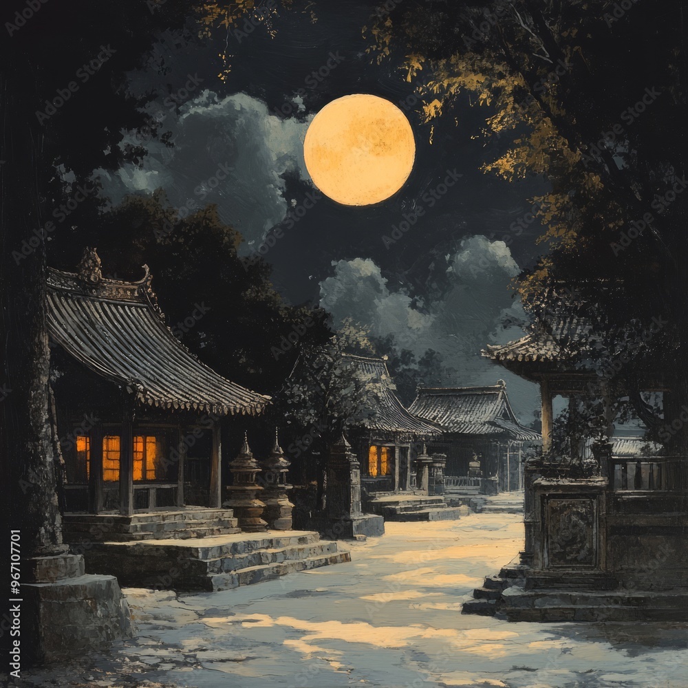 Poster A peaceful village bathed in moonlight, with traditional Asian architecture and glowing windows.