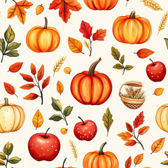 A seamless autumn pattern filled with orange pumpkins, apples, red and yellow leaves, and wheat elements, set against a light background, ideal for fall designs..