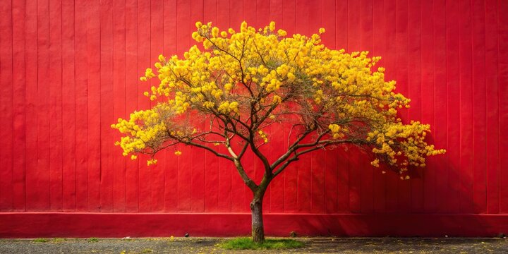 yellow flowers tree red wall forced perspective