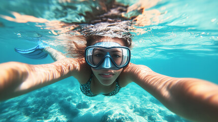 Fototapeta premium Woman snorkeling in tropical water on vacation
