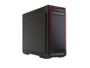 a black computer tower with red border