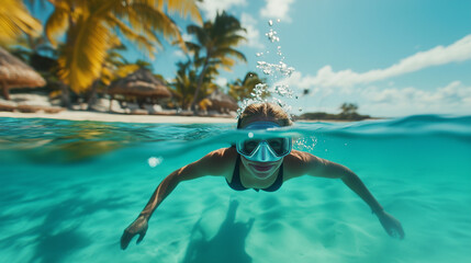 Woman snorkeling in tropical water on vacation