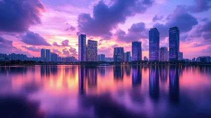 Fototapeta premium Vibrant sunset over a city skyline reflected in calm waters, showcasing modern architecture and natural beauty.