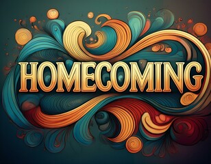 Word ‘Homecoming’ written in stylized retro bubble script lettering