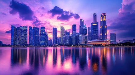 Fototapeta premium Stunning urban skyline at sunset with vibrant colors, reflecting on calm water, showcasing modern architecture and serene atmosphere.