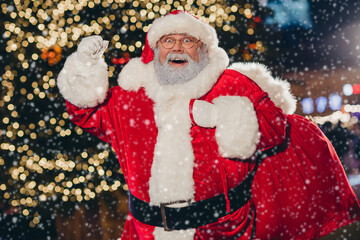 Photo of excited delighted aged santa carry bag raise fist enjoy fairy atmosphere newyear tree garland lights outdoors