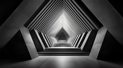 Symmetrical overlapping geometric shapes in monochromatic tones creating a futuristic abstract space