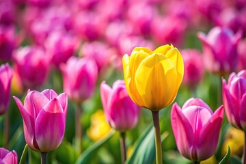 Fototapeta premium Yellow tulip standing out among pink tulips at a tilted angle