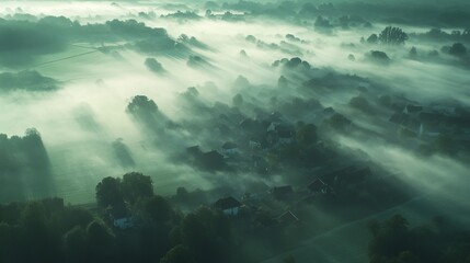 Fototapeta premium Aerial view of a misty village landscape with trees and fog in the early morning light.