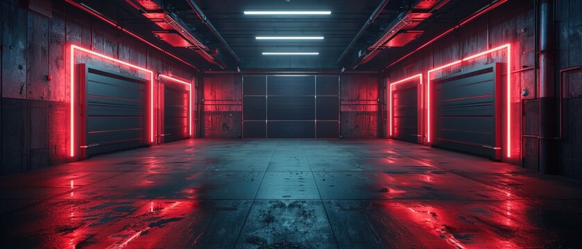black empty garage with red neon lights