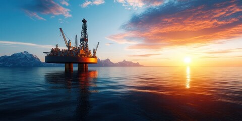 An oil rig stands proudly against a stunning sunset, reflecting vibrant colors over calm waters, showcasing industrial beauty.