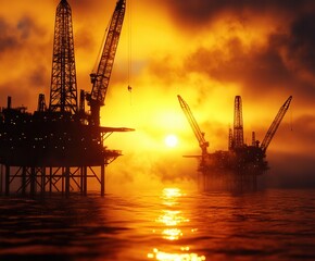 Fototapeta premium Beautiful sunset over oil rigs, showcasing silhouettes against the vibrant sky, reflecting on calm water.