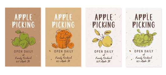Apple picking card design, decorated with hand drawn doodle drawings of fresh ripe apples