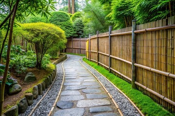 Fototapeta premium Zen garden with stone path and bamboo fence