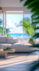 Serene Coastal Living Room with Ocean View, Sofa, and Plants